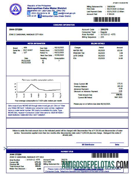 Para baixar modelo de conta de serviços públicos do distrito metropolitano de água de Cebu das Filipinas em formatos Word e PDF, versão 2